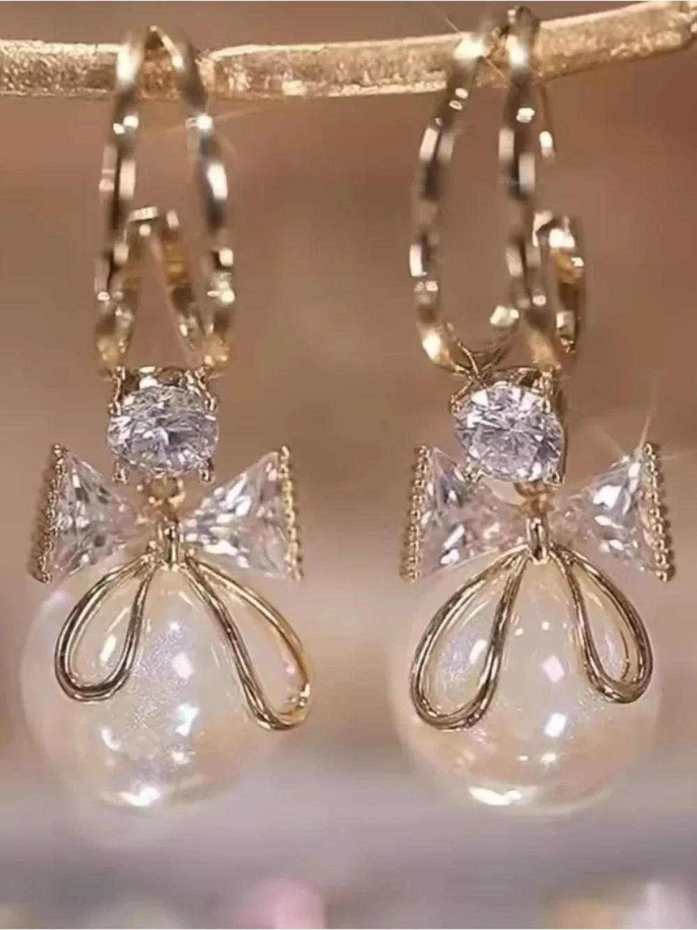 Anthropologie Gold Bow & Pearl Drop Earrings with Clear Crystals